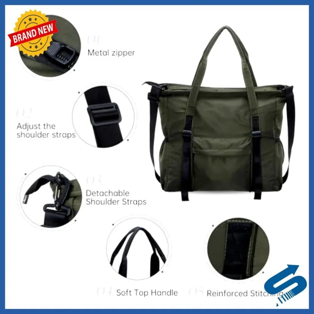 Large Nylon Tote Bag Lightweight Crossbody Handbag Detachable Strap Work Travel